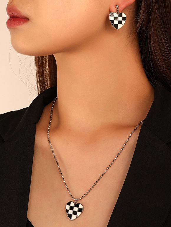 Ensemble de Boucles D'Oreilles et de Collier à Imprimé Cœur à Carreaux - Noir 