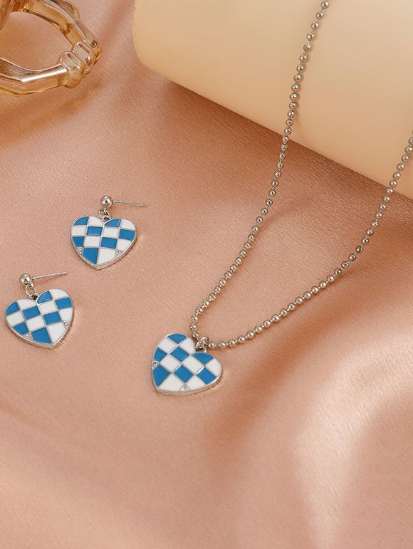 Ensemble de Boucles D'Oreilles et de Collier à Imprimé Cœur à Carreaux - Bleu 