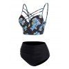 Butterfly Mushroom Print Tankini Swimsuit Lattice Strap Tummy Control Swimwear Ruched Underwire Bathing Suit - BLACK XL