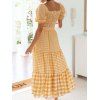 Plaid Matching Set Shirred Puff Sleeve Square Neck Crop Top And Tiered Maxi Skirt Set - YELLOW XL