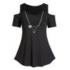 Plus Size T Shirt Cold Shoulder Cut Out Butterfly Chain Embellishment Casual Tee - BLACK 3X