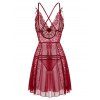 See Thru Flower Lace Mesh Lingerie Set Adjustable Strap Plunge Crossover Lingerie Dress Set - DEEP RED ONE SIZE