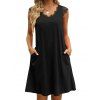Mini Robe Ligne A Festonnée en Dentelle Insérée à Mancherons à Col V en Ligne A Couleur Unie - Noir 2XL