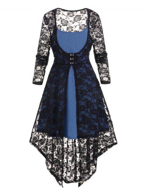 Plus Size Set Plain Shift Mini Dress And Allover Rose Lace Buckle Long Sleeve Asymmetrical Longline Top Set