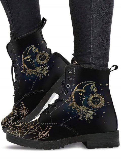 Vintage Matin Thin Boots Sun Moon Pattern Lace Up Thick Heels Retro Boots