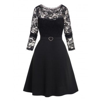 

Plus Size Dress Solid Color Rose Lace Panel Rhinestone Heart Ring Scalloped High Waisted A Line Mini Dress, Black