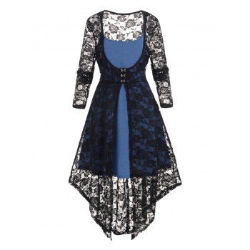 

Plus Size Set Plain Shift Mini Dress And Allover Rose Lace Buckle Long Sleeve Asymmetrical Longline Top Set, Black