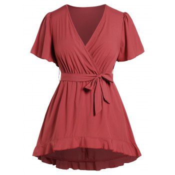 

Plus Size High Low Surplice Plunge Blouse Short Sleeve Belted Flounce High Waist Blouce, Red