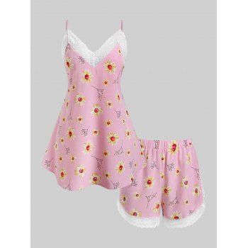 

Plus Size Lace Panel Floral Print Shorts Pajamas Set, Light pink