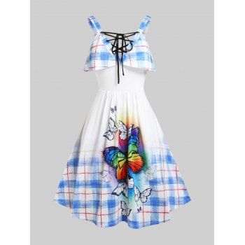

Plus Size Lace Up Butterfly Print Dress, Light blue