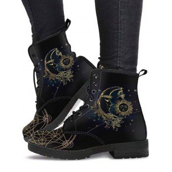 

Vintage Matin Thin Boots Sun Moon Pattern Lace Up Thick Heels Retro Boots, Black