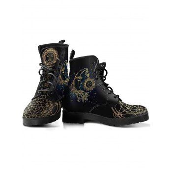Vintage Matin Thin Boots Sun Moon Pattern Lace Up Thick Heels Retro Boots