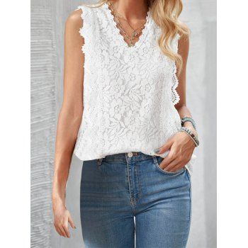 

Pure Color Flower Lace Overlay Tank Top Guipure Lace Trim V Neck Tank Top, White