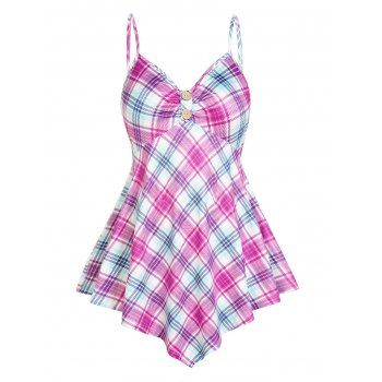 

Plus Size Tank Top Plaid Print Mock Button V Neck Asymmetric Backless Tank Top, Light purple