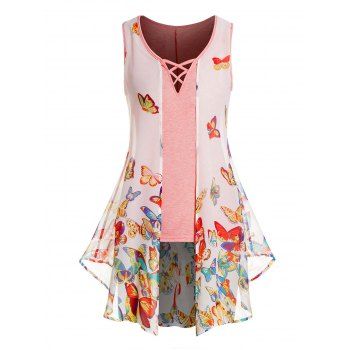 

Asymmetric Butterfly Print See Thru Chiffon Overlay Tank Top Crisscross Long Tank Top, Light pink