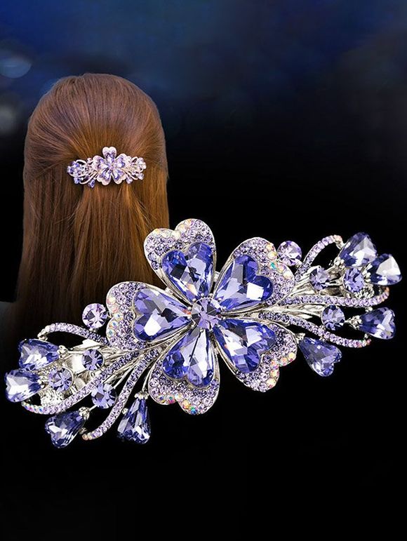 Pince à Cheveux Motif Fleur et Nœud en Cristal Fantaisie - Bleu 