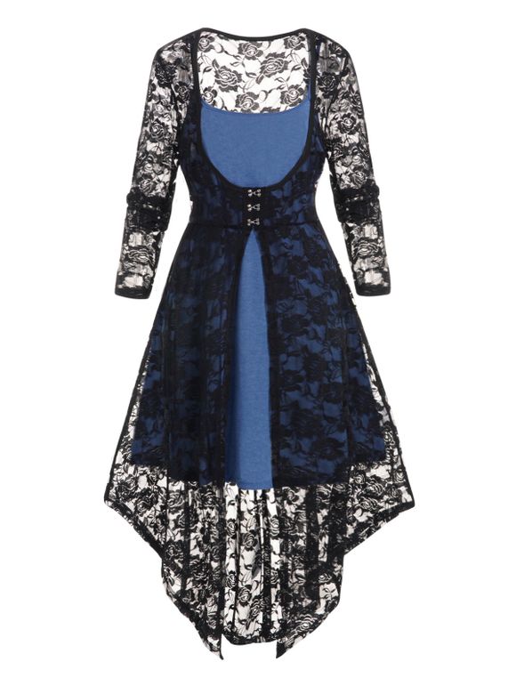 Plus Size Set Plain Shift Mini Dress And Allover Rose Lace Buckle Long Sleeve Asymmetrical Longline Top Set - BLACK 3X
