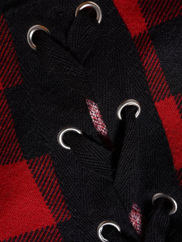 Haut Décontracté Panneau en Maille Transparente à Carreaux Imprimé à Manches Longues - Rouge L