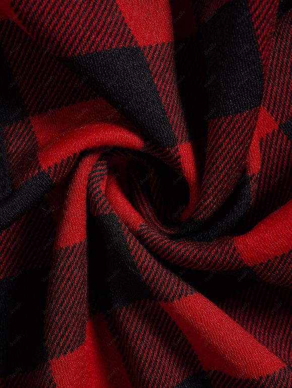 Haut Décontracté Panneau en Maille Transparente à Carreaux Imprimé à Manches Longues - Rouge L