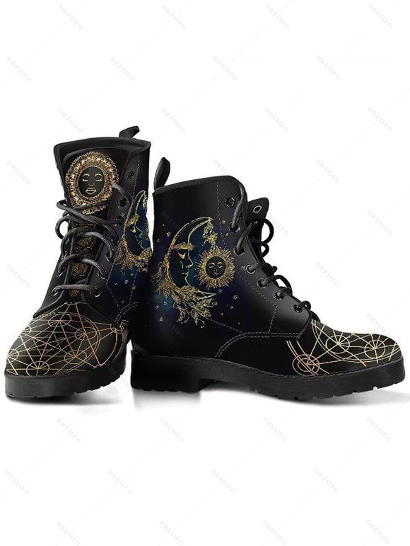 Vintage Matin Thin Boots Sun Moon Pattern Lace Up Thick Heels Retro Boots - Noir EU 36
