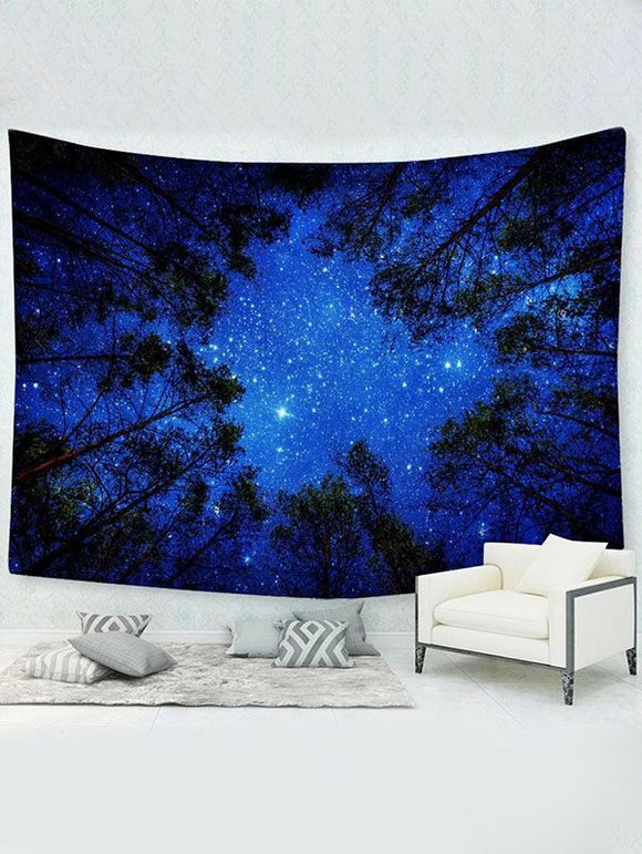 Tapisserie Murale à Imprimé Nuit Étoilée dans la Forêt Décor Maison - Bleu 95 CM X 73 CM