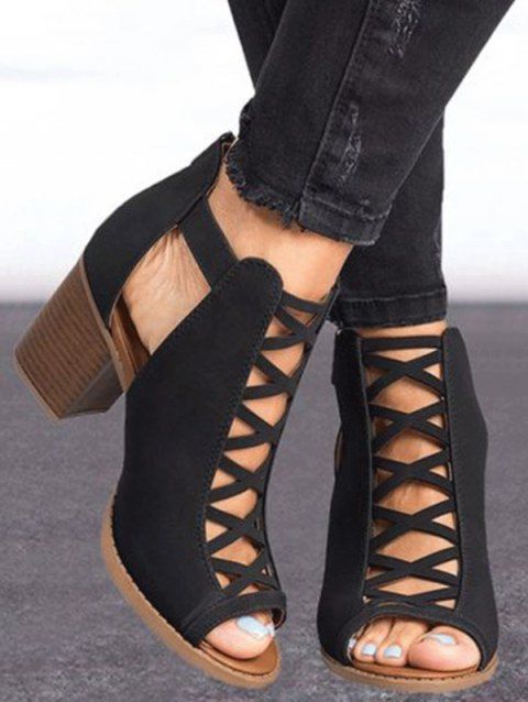 Plain Color Crisscross Cut Out Chunky Heels Outdoor Sandals