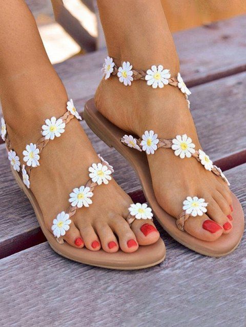 Floral Embellishment Slip On Open Toe Beach Flat Sandals