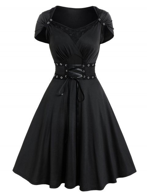 Gothic Dress Solid Color Grommet Lace Up Lace Panel High Waisted Dress Surplice A Line Mini Dress
