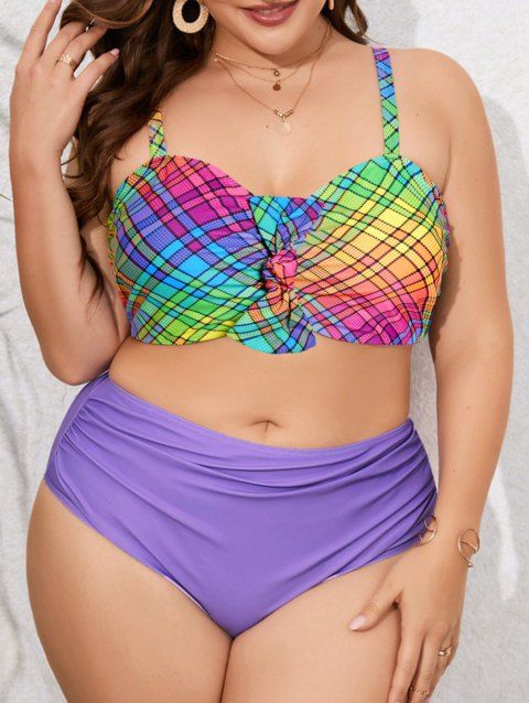 Plus Size Tankini Swimwear Colored Plaid Print Bowknot Swimsuit Ruched Padded Tummy Control Bathing Suit