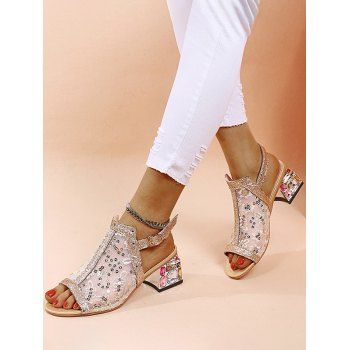 

Flower Leaf Mesh Buckle Strap Chunky Heels Outdoor Sandals, Golden