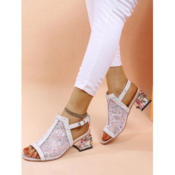 

Flower Leaf Mesh Buckle Strap Chunky Heels Outdoor Sandals, White