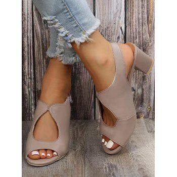 

Plain Color Cut Out Chunky Heels Outdoor Sandals, Light khaki