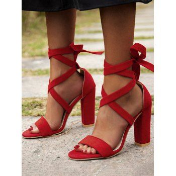 

Open Toe Ankle Strap Bandage Block Heel Sandals, Red