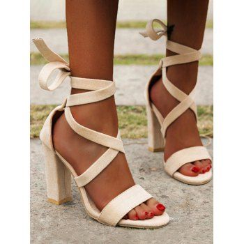 

Open Toe Ankle Strap Bandage Block Heel Sandals, Beige
