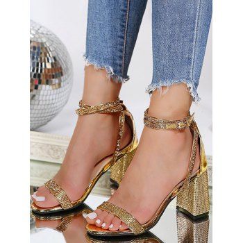 

Sparkly Rhinestone Embellishment Buck Ankle Strap Block Heel Sandals, Golden