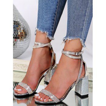 

Sparkly Rhinestone Embellishment Buck Ankle Strap Block Heel Sandals, Silver