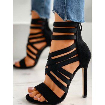 

Lattice Strap Cut Out Plain Color High Heels Outdoor Sandals, Black