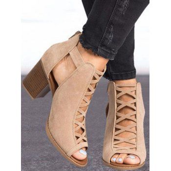 

Plain Color Crisscross Cut Out Chunky Heels Outdoor Sandals, Apricot