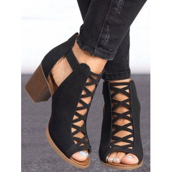 

Plain Color Crisscross Cut Out Chunky Heels Outdoor Sandals, Black