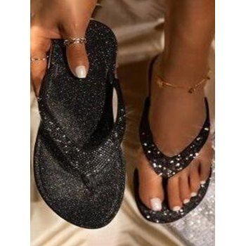 

Glitter Rhinestone Slip On Flat Platform Flip Flops, Black