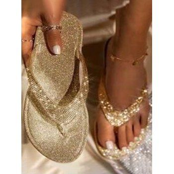 

Glitter Rhinestone Slip On Flat Platform Flip Flops, Golden