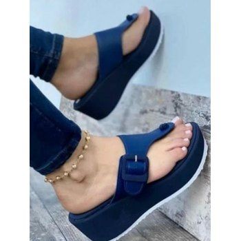 

Plain Color Thick Platform Buckle Slip On Outdoor Flip Flops, Blue