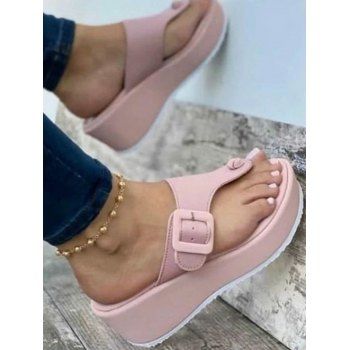 

Plain Color Thick Platform Buckle Slip On Outdoor Flip Flops, Pink