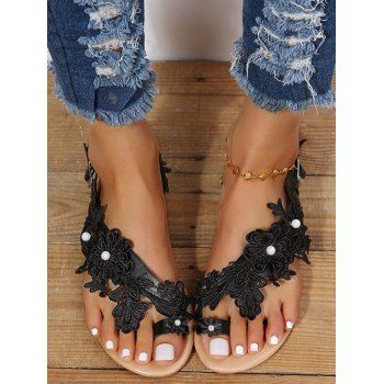 

Artificial Pearl Flower Guipure Embellishment Buckle Strap Flat Sandals, Black