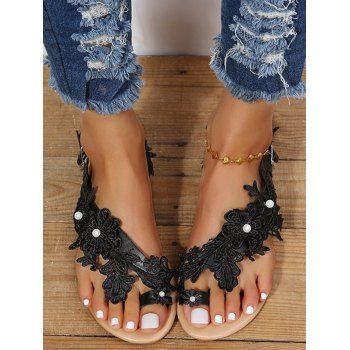 

Artificial Pearl Flower Guipure Embellishment Buckle Strap Flat Sandals, Black
