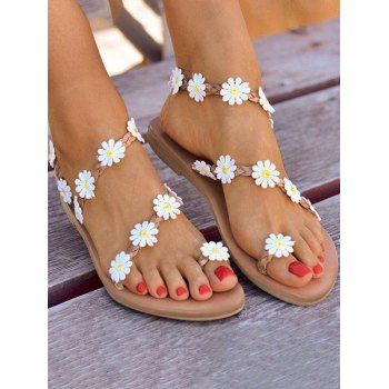 

Floral Embellishment Slip On Open Toe Beach Flat Sandals, White