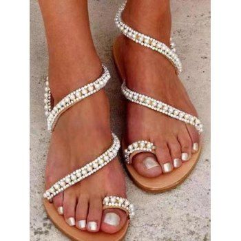 

Artificial Pearl Open Toe Beach Flat Sandals, Brown