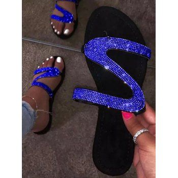 

Sparkly Rhinestone S Shape Open Toe Flat Sandals, Blue