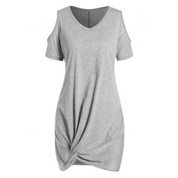 

Heather Dress Cold Shoulder V Neck Short Sleeve Twisted Shift Mini Dress, Gray