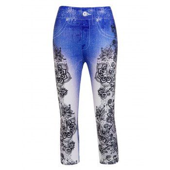 

3D Flower Printed Capri Jeggings Elastic High Waisted Casual Leggings, Multicolor a